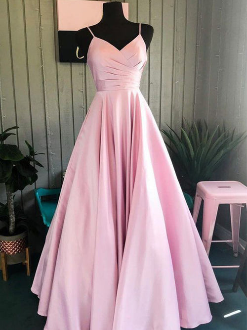 A-Line/Princess Spaghetti Straps Floor Length Satin Ruched Sleeveless Prom Formal Dress