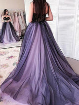 A-Line/Princess Strapless Court Train Tulle Applique Sleeveless Prom Evening Dress