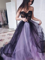 A-Line/Princess Strapless Court Train Tulle Applique Sleeveless Prom Evening Dress