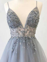 A-Line/Princess Spaghetti Straps Floor Length Tulle Beading Sleeveless Prom Formal Dress