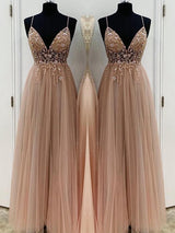 A-Line/Princess Spaghetti Straps Floor Length Tulle Beading Sleeveless Prom Formal Dress