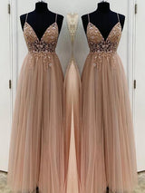 A-Line/Princess Spaghetti Straps Floor Length Tulle Beading Sleeveless Prom Formal Dress