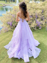 A-Line/Princess V-Neck Sweep/Brush Train Organza Sleeveless Prom Dress with Ruffles