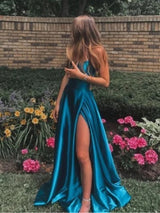 A-Line/Princess Spaghetti Straps Floor Length Elastic Woven Satin Sleeveless Prom Dress with Slit