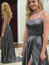 A-Line/Princess Spaghetti Straps Floor Length Elastic Woven Satin Sleeveless Prom Dress with Slit