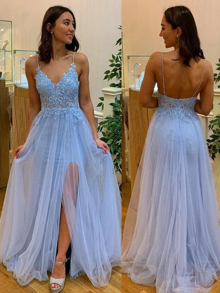 A-Line/Princess V-Neck Floor Length Chiffon Sleeveless Applique Prom Dress with Slit
